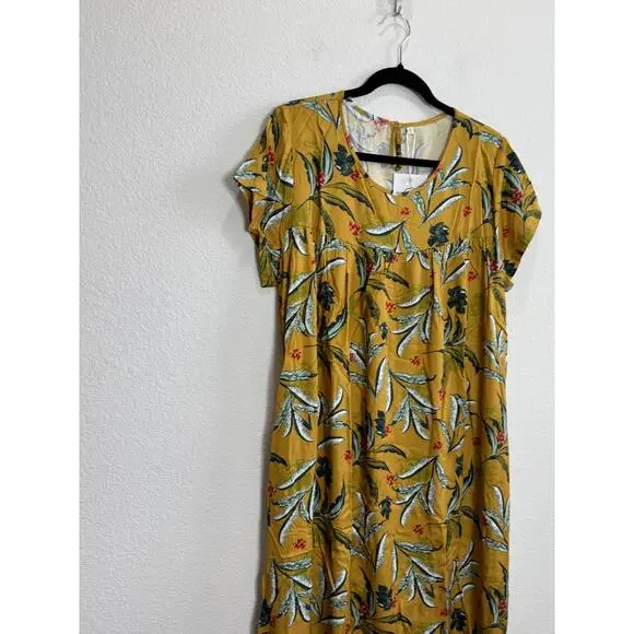 NWT Women's Long Yellow Tropical Flowy Belt Tie Dress Jumper Style Large - Picture 7 of 13